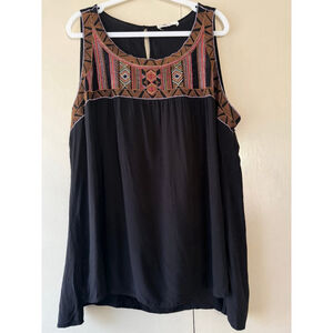 Spense Boho Tribal Embroidered Flowy Tank Top Black Plus Size 1X